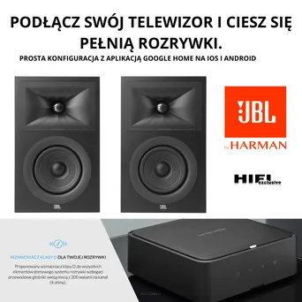 Harman Kardon Citation AMP/ JBL Stage 2 250B  Zestaw nagłośnienia. Wszechstronny dźwięk dla każdego wnętrza. Słuchaj ulubionych treści audio, radia internetowego. PODŁĄCZ SWÓJ TELEWIZOR I CIESZ SIĘ PEŁNIĄ ROZRYWKI.