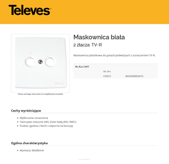 Televes Maskownica biała 2 złącza: TV-R