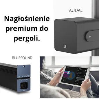 Zestaw nagłośnieniowy do pergoli Premium Bluesound B170S Wzmacniacz stereo z sieciowym odtwarzaczem muzycznym • 2 x 80 W (8Ω), 1 x 100W @ 100 V, Głośniki 2 szt AUDAC VIRO5