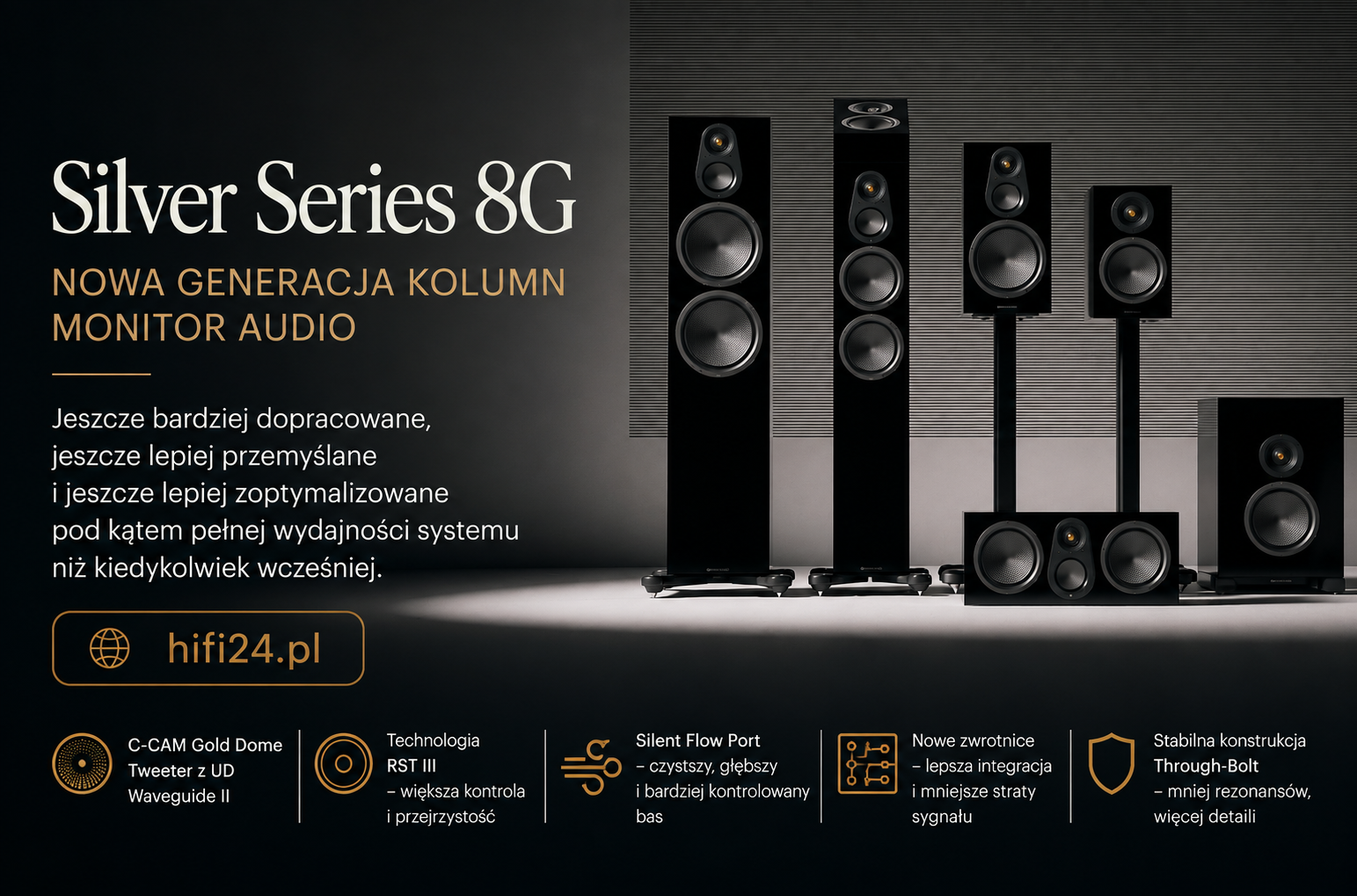 Monitor Audio Silver Series 8G – nowa generacja kolumn głośnikowych Monitor Audio Silver Series 8G – nowa generacja kolumn głośnikowych z technologiami C-CAM Gold Dome, RST III, Silent Flow Port i Through-Bolt, przeznaczona do systemów stereo i kina domowego.