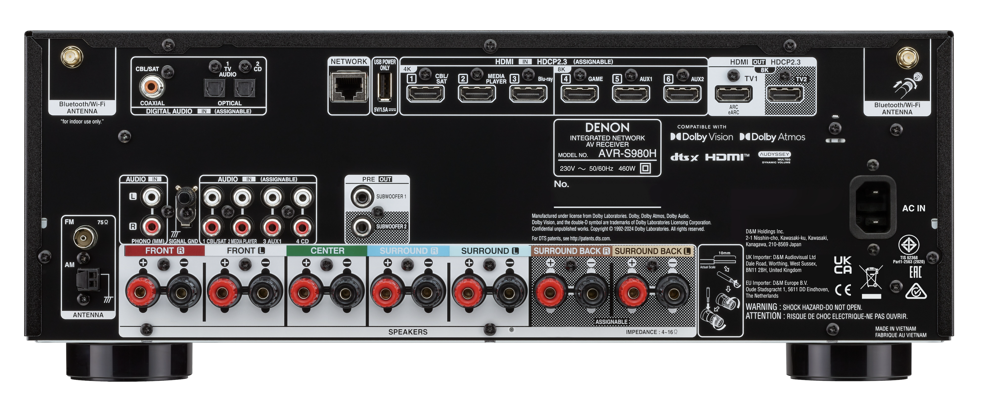 Panel tylny amplitunera Denon AVR-S980H – złącza HDMI 8K, audio i sieć