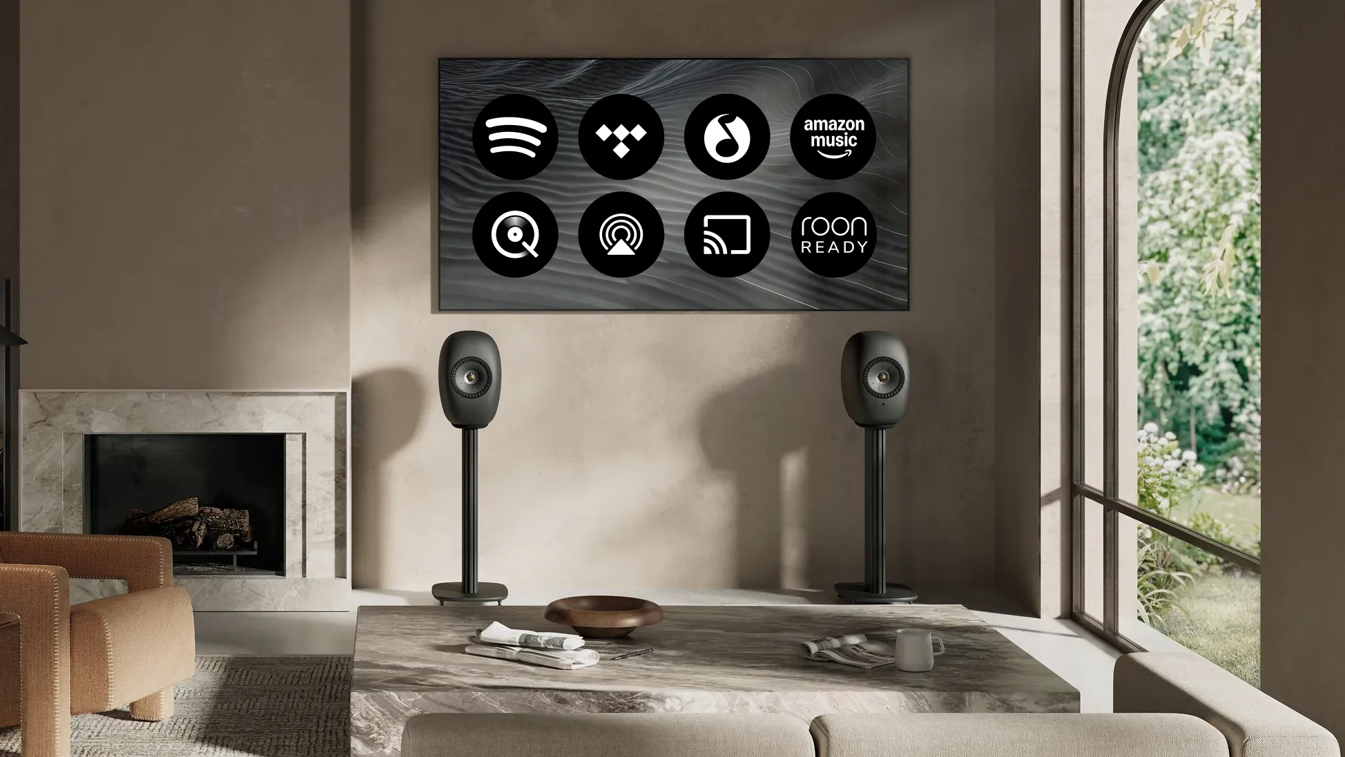 KEF LS LUXE Eclipse Black – bezprzewodowy streaming muzyki KEF LS LUXE Eclipse Black na podstawach S-LUXE z obsługą serwisów streamingowych